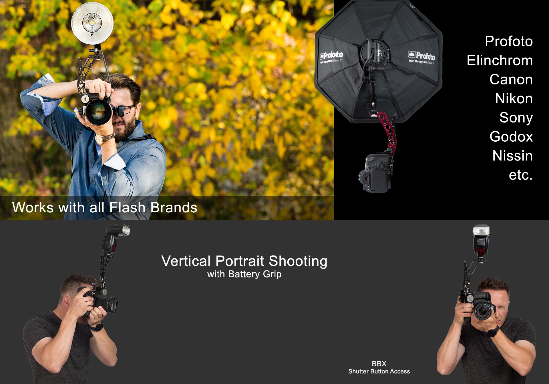 Boomerang Flash Bracket works with all camera and flash brands